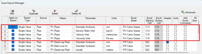 Screen shot of the Excel Export Manager window with compressible fluids